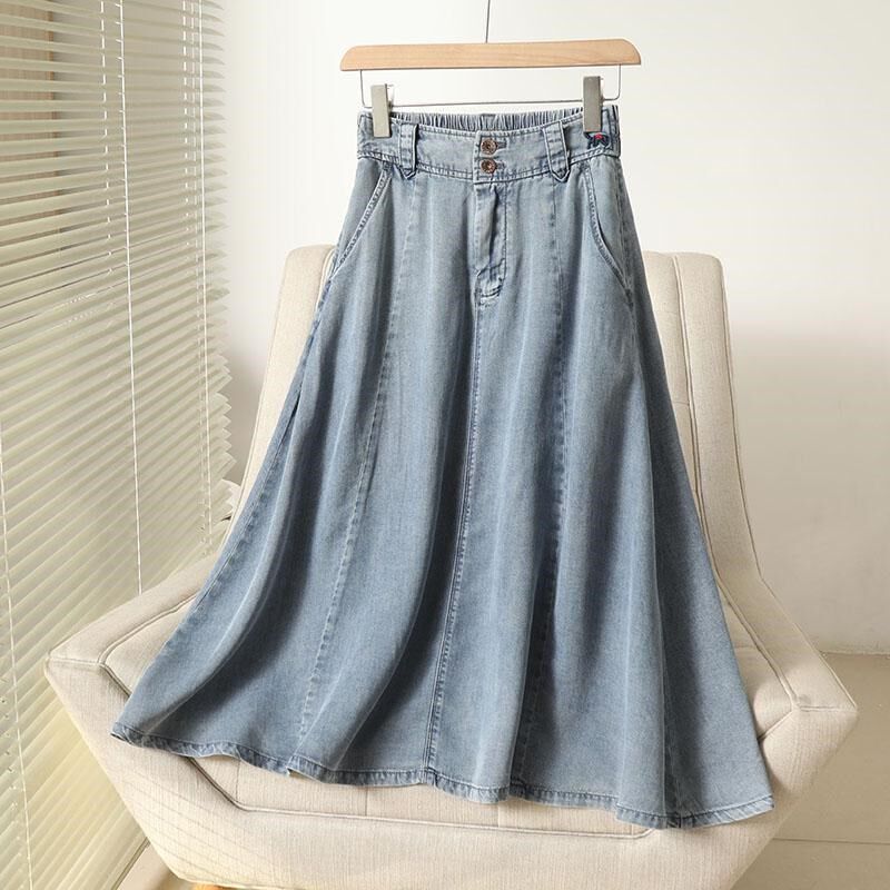 2025夏季新款高腰薄款牛仔半裙女中长款梨形A字小个子半身裙垂感