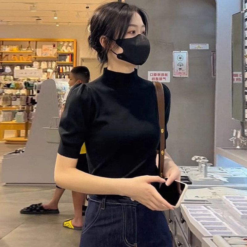 T恤女2025年春秋新款半高领气质泡泡袖针织短袖打底薄款纯色上衣