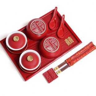人结婚茶杯新口盖碗陪嫁红色喜碗新婚敬茶杯用品改礼物 筷勺套装