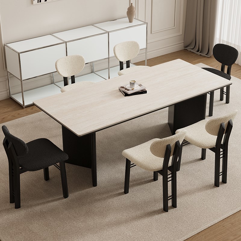 德利丰实木岩板餐桌黑色家用小户型法式奶油风高端全托长方形饭桌