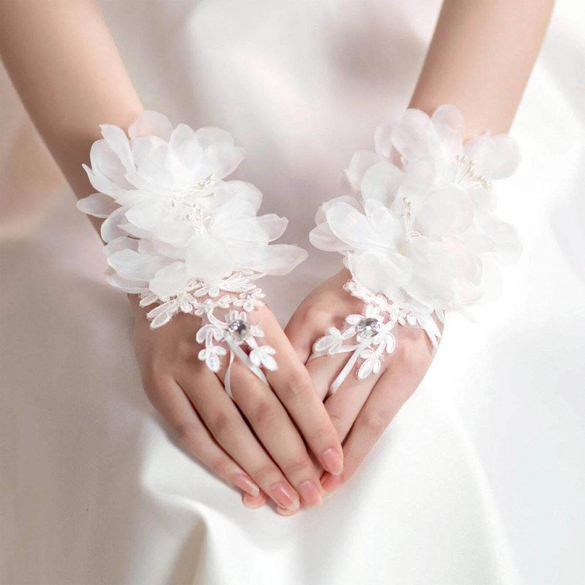 新娘结婚手套短款勾指蕾丝花朵结婚配饰系带唯美森系礼服装饰手套