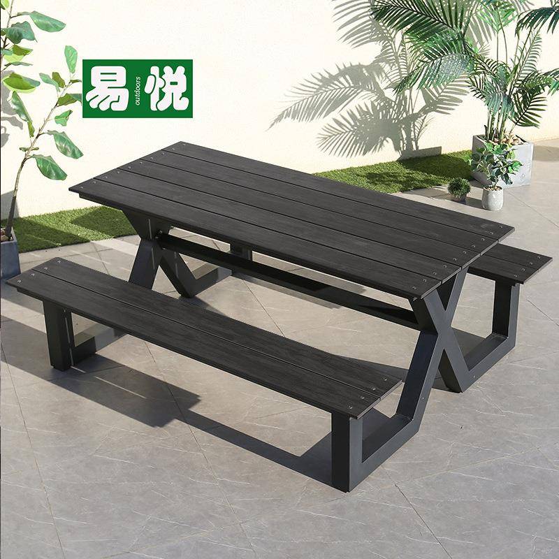 户外连体桌椅带伞室外公园庭院铁艺桌椅景区长凳塑木休闲桌椅组合