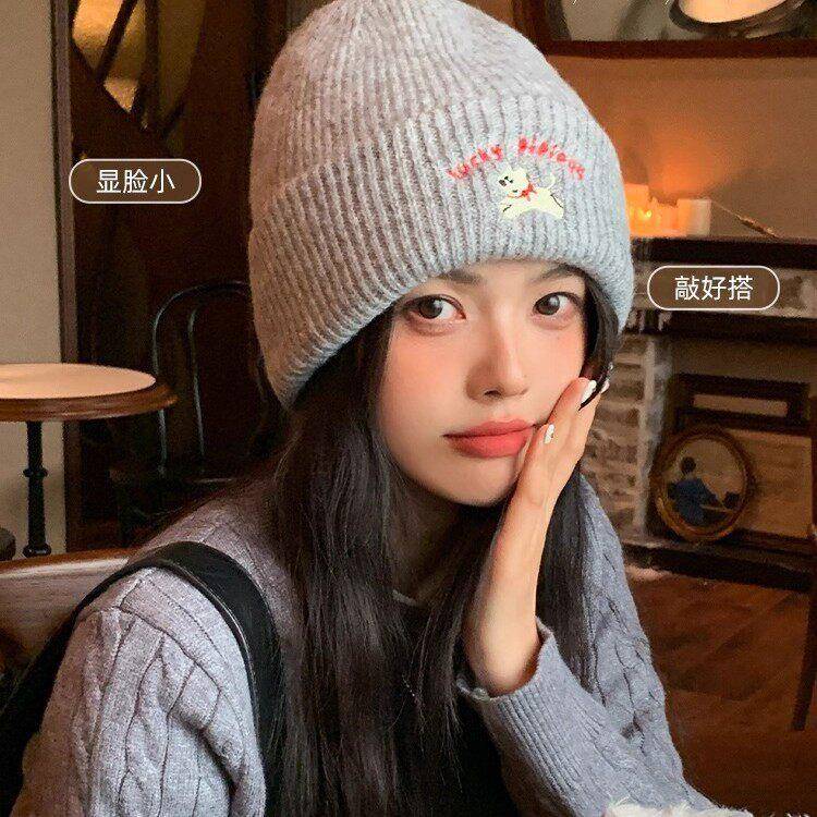 韩系可爱小狗刺绣标针织帽女款冬季保暖时尚百搭毛线帽护耳休闲帽