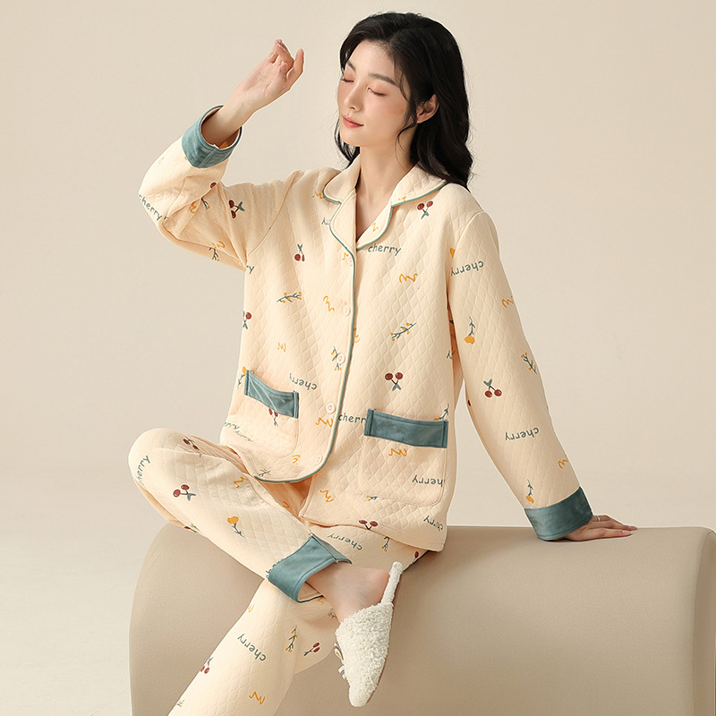 女士睡衣空气棉夹层纯棉加厚长袖秋冬季套装加大码家居服春秋款