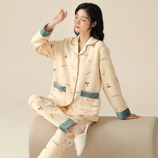 女士睡衣空气棉夹层纯棉加厚长袖秋冬季套装加大码家居服春秋款