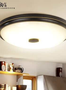 美式LED吸顶灯卧室阳台过道圆形吸顶灯田园黑色描金灯具