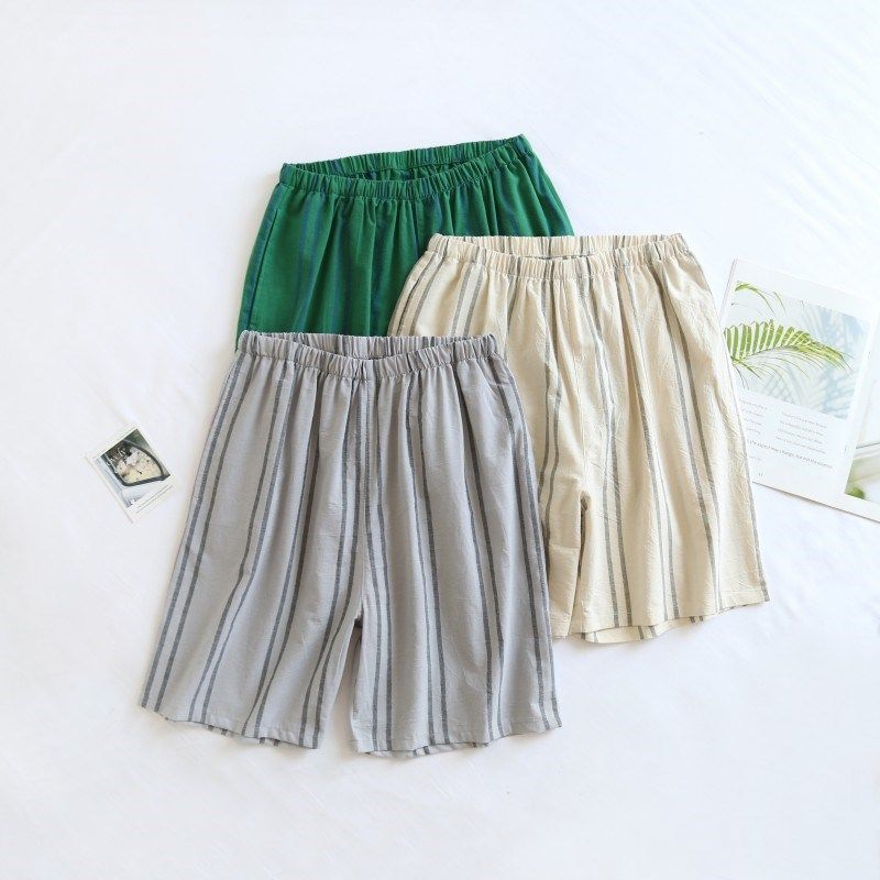 情侣男女短裤睡裤夏季纯棉条纹全棉大裤衩五分裤加大码薄款家居裤