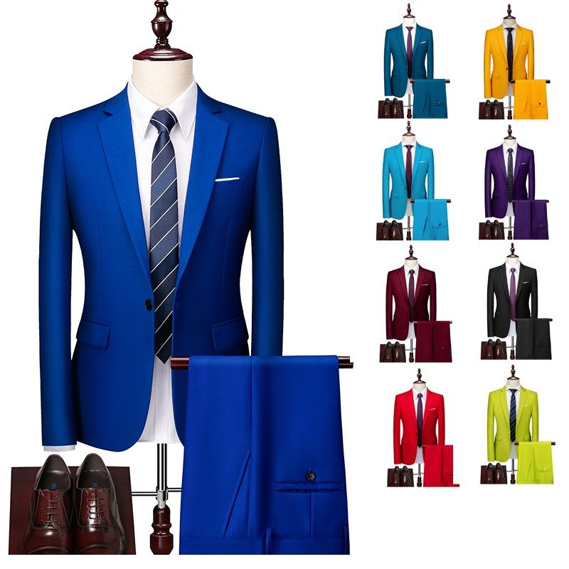 新郎结婚礼服男士商务休闲正装西服套装两件套大码宝蓝色西装外套