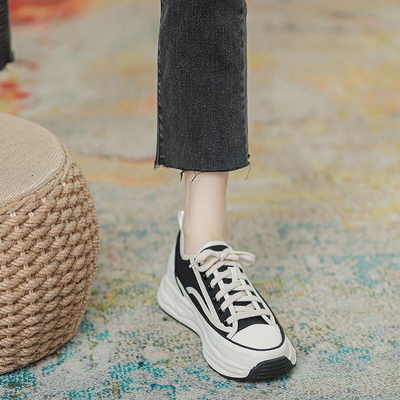 溶解鞋内增高7CM白色帆布鞋厚底女款小白鞋板鞋老爹W鞋爆款德训鞋