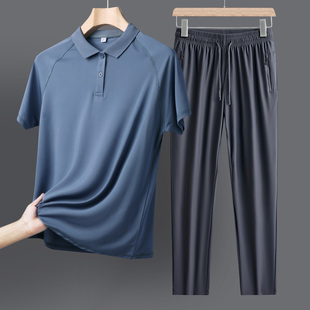 自带冰凉触感!爸爸装2023夏季新款套装男短袖T恤中年冰丝夏装衣服