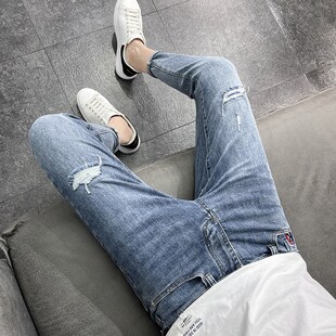 破洞牛仔裤男潮牌九分裤夏季薄款韩版补丁潮流弹力修身小脚裤9分