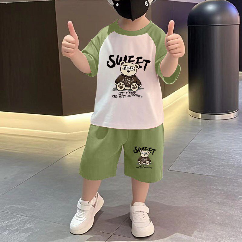 男童纯棉套装2025新款洋派小孩子夏天衣服薄款短袖短裤两件套童装