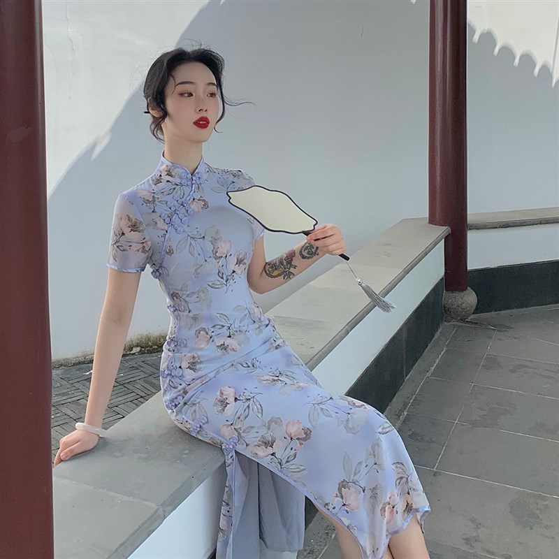 麓津自制《海棠春睡》新款改良年轻少女款雪纺旗袍连衣裙夏