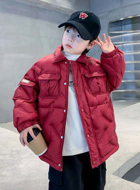 男童冬季红色轻薄工装羽绒服2023新款儿童男孩冬装保暖免洗外套潮