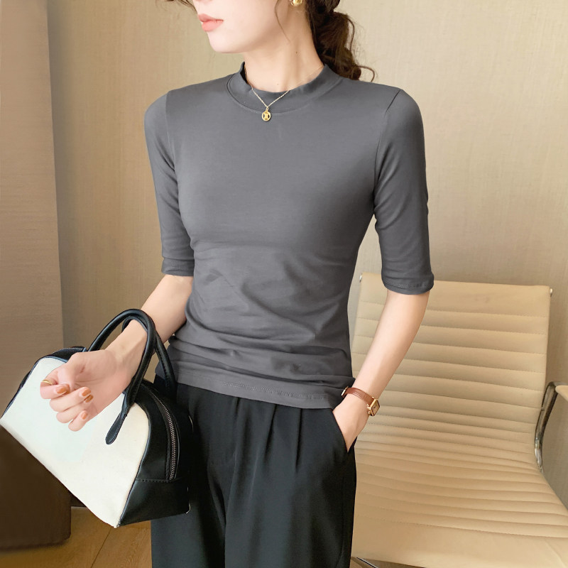 烟灰色中袖t恤女春夏2023年新款半高领五七分袖正肩修身紧身上衣