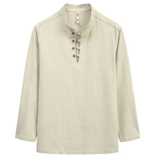 唐装男中国风男装文艺复古秋季苧麻衬衫长袖全麻上衣麻立领T恤男