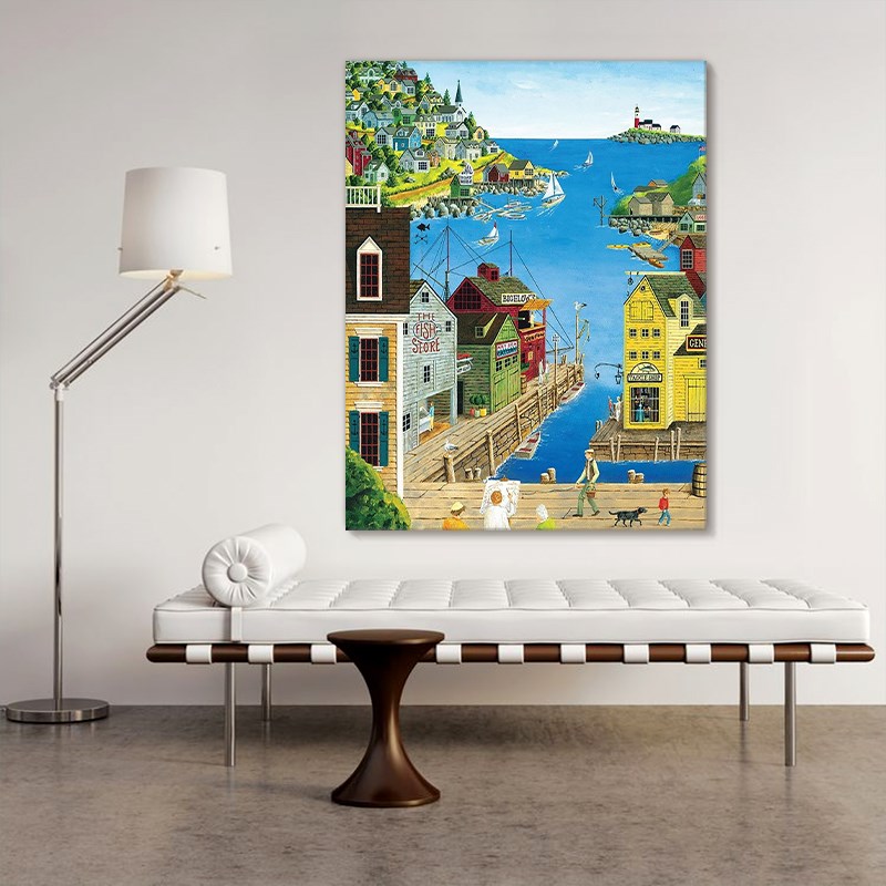 马蒂斯休闲滨海小镇玄关挂画小众艺术手绘油画海边风景客厅装饰画
