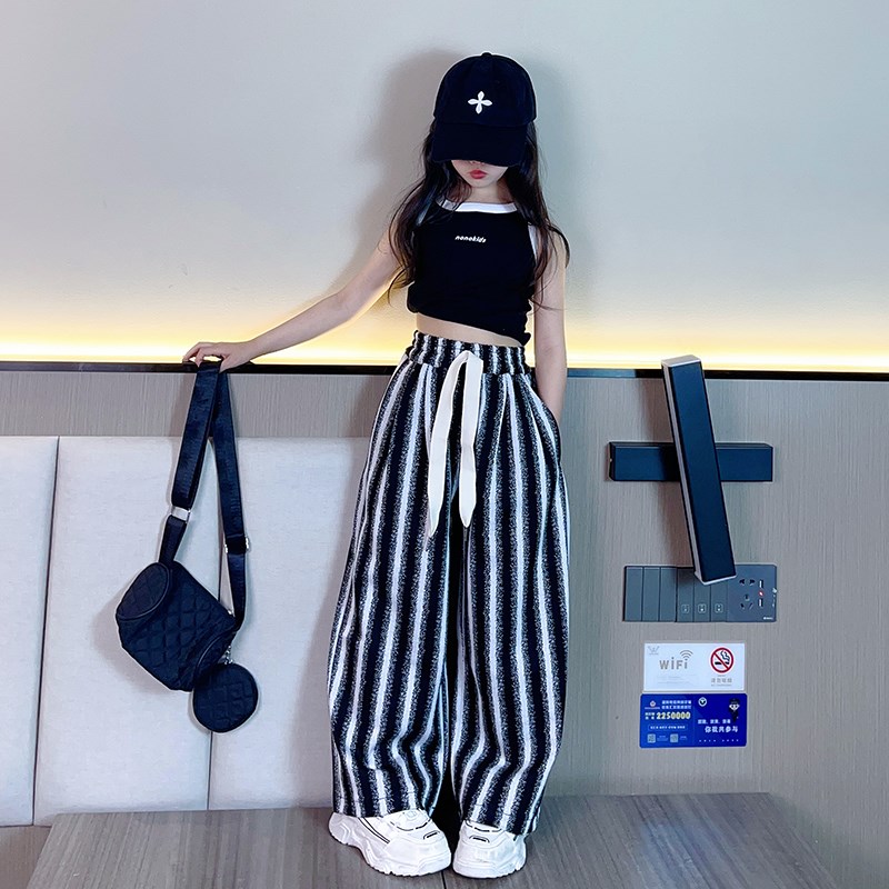 女童百搭裤子夏季2024新款女大童洋气网红炸街女孩竖条纹阔腿裤潮