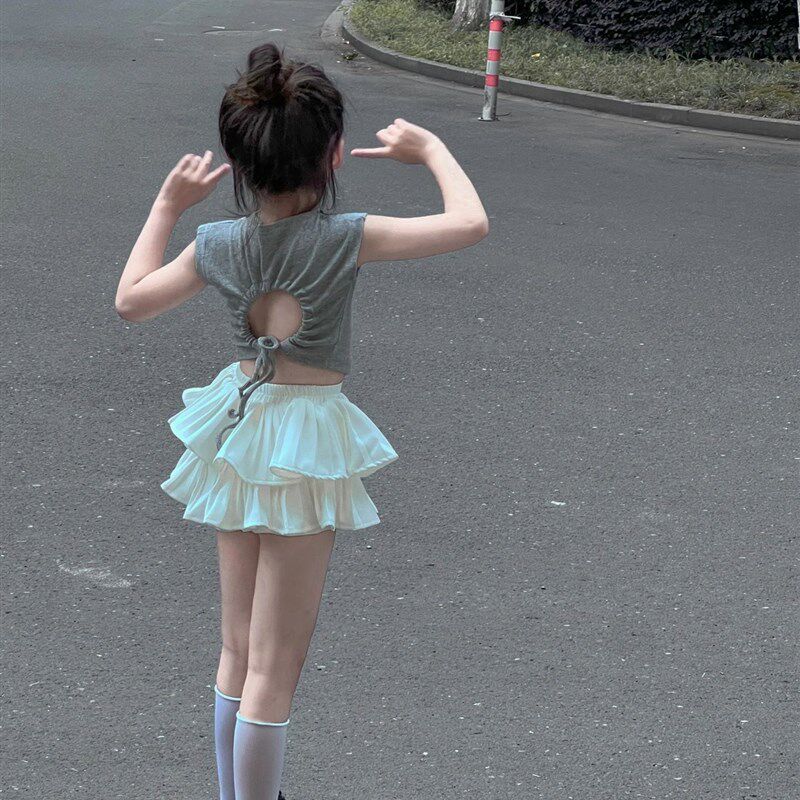 学院风女童百搭安全裤百褶裙夏季a字半身裙子蓬蓬蛋糕裙裤超短裙