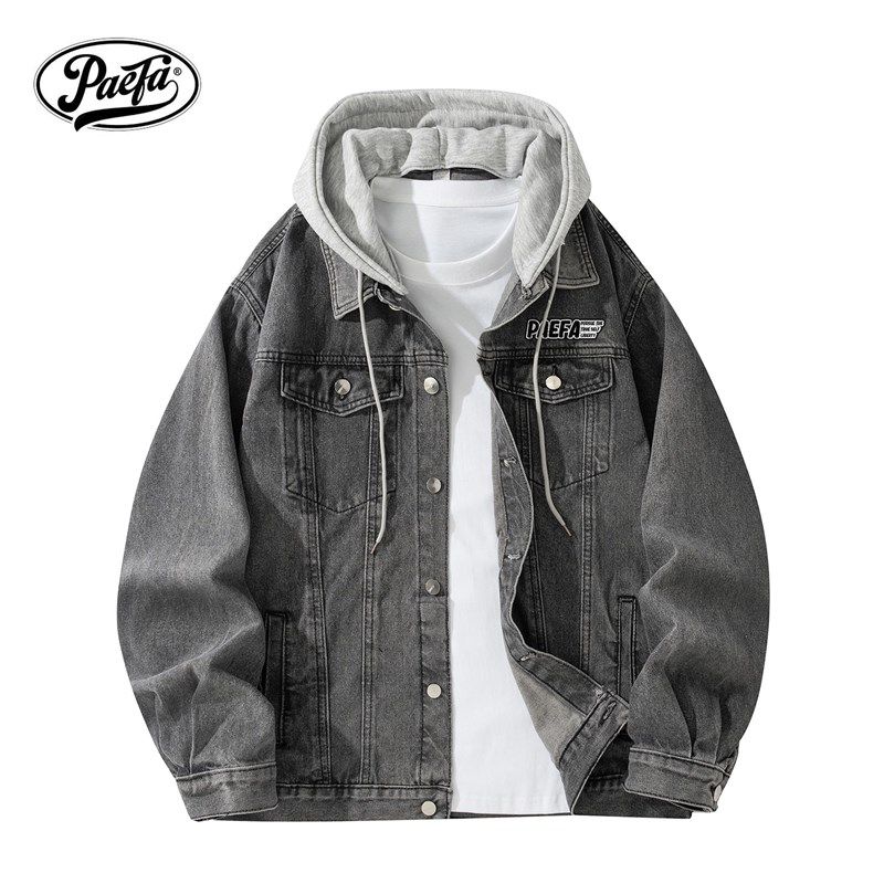 美式简约立领Logo贴标假两件连帽可拆卸复古百搭水洗牛仔外套夹克,男装,夹克,淘宝优惠券,粉丝福利购,淘宝优惠卷