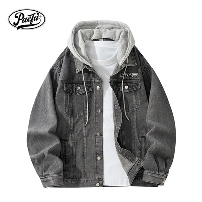 美式简约立领Logo贴标假两件连帽可拆卸复古百搭水洗牛仔外套夹克