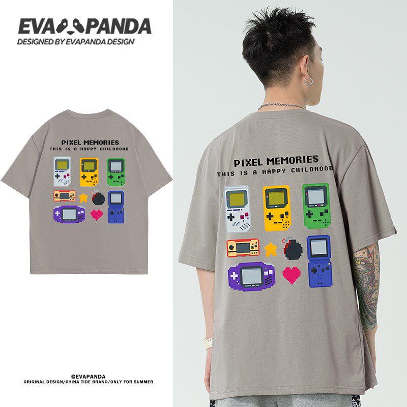 日系复古t恤男夏季像素风游戏机印花短袖2023年休闲宽松潮牌体恤