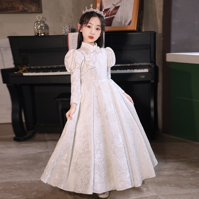 女童礼服白色花童参加婚礼公主裙儿童小女孩主持人钢琴演出服冬季