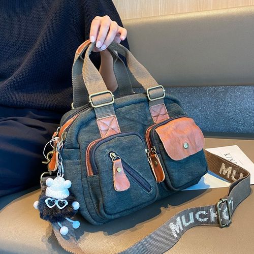 日系牛仔帆布包包女2024复古撞色多口袋双隔层手提包斜挎包单肩包