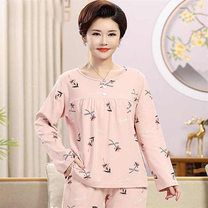 妈妈纯棉睡衣女士大码秋衣u秋裤套装中老年人套头家居服秋冬薄款