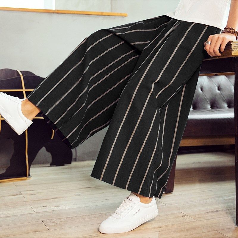 中式汉服条纹长裤男秋季棉麻宽松休闲裤加厚沙滩裤男士直筒阔腿裤