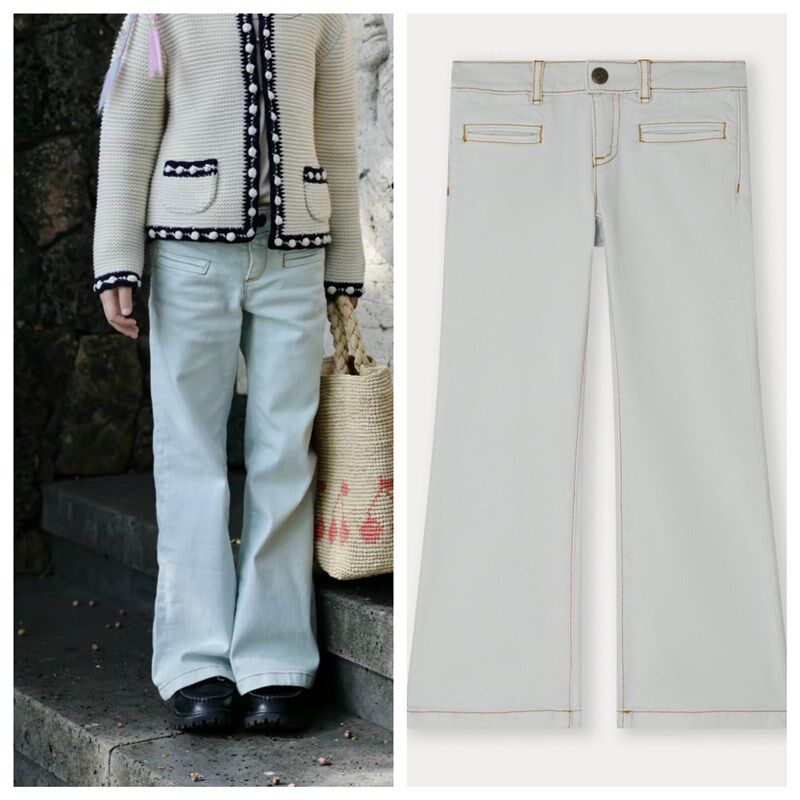 女童薄荷蓝色牛仔喇叭裤 儿童春夏轻薄款牛仔裤 24新款口袋裤子