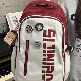 高颜值美式书包女大学生小众设计感高中初中生大容量百搭双肩包男