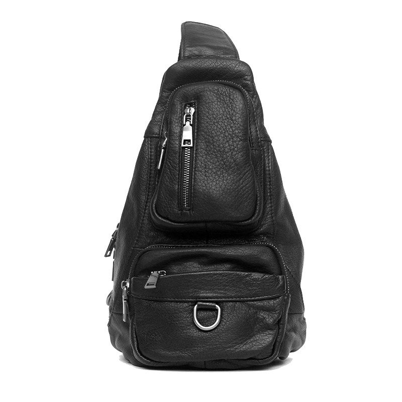 手工男士机车头层牛皮单肩斜挎包真皮大容量多口袋背包男式包胸包