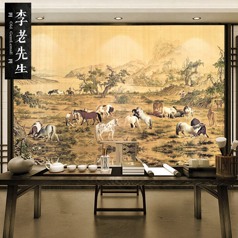 郎世宁百骏图新中式墙纸无纺布餐厅壁纸客厅电视背景墙定制壁画