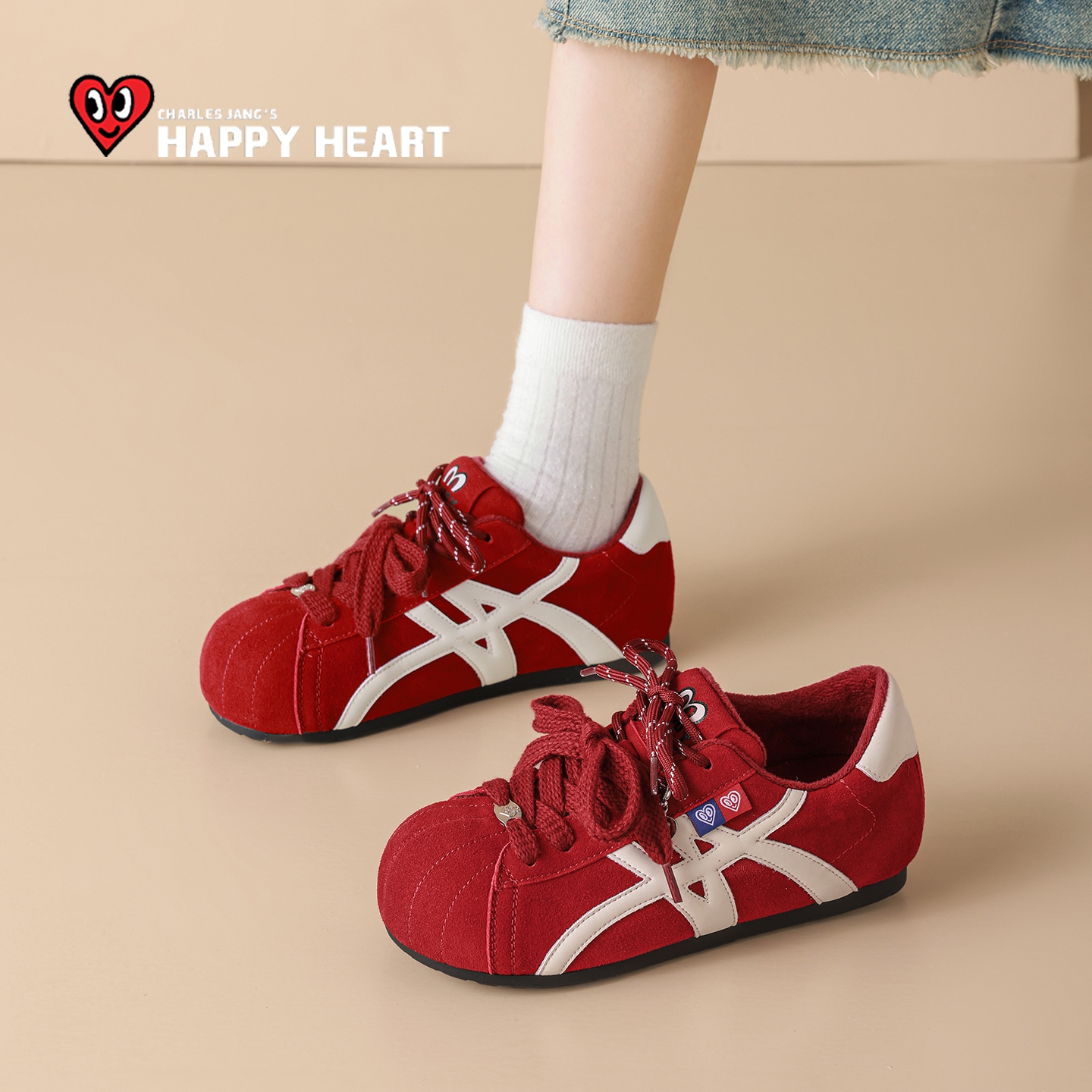 查尔斯桃心德训鞋女红色复古加绒