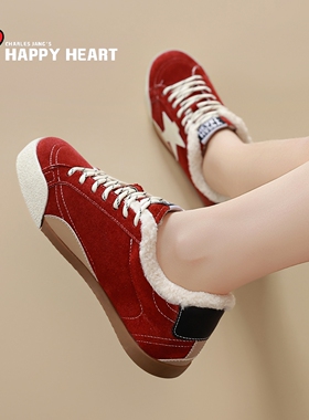 查尔斯桃心复古运动鞋女2025冬季新款星星板鞋加绒红色棉鞋子女鞋