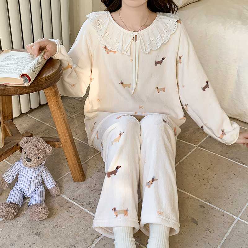喔密哒冬季牛奶绒睡衣女加厚珊瑚绒甜美印花法兰绒保暖家居服套装