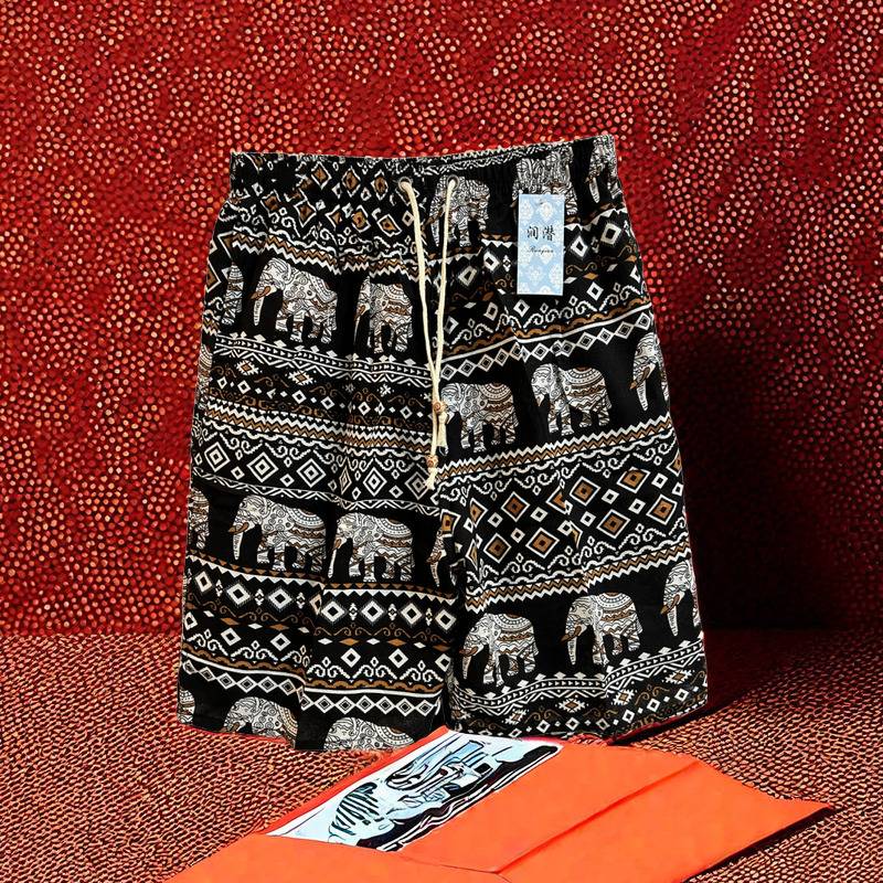 印花沙滩裤男士休闲5分大裤衩民族大象花色漂流棉麻户外短裤男夏