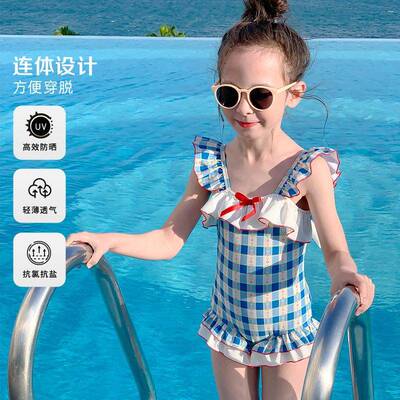 儿童连体泳衣女童中小童飞袖蝴蝶结泳装度假玩水女蓝格子游泳衣
