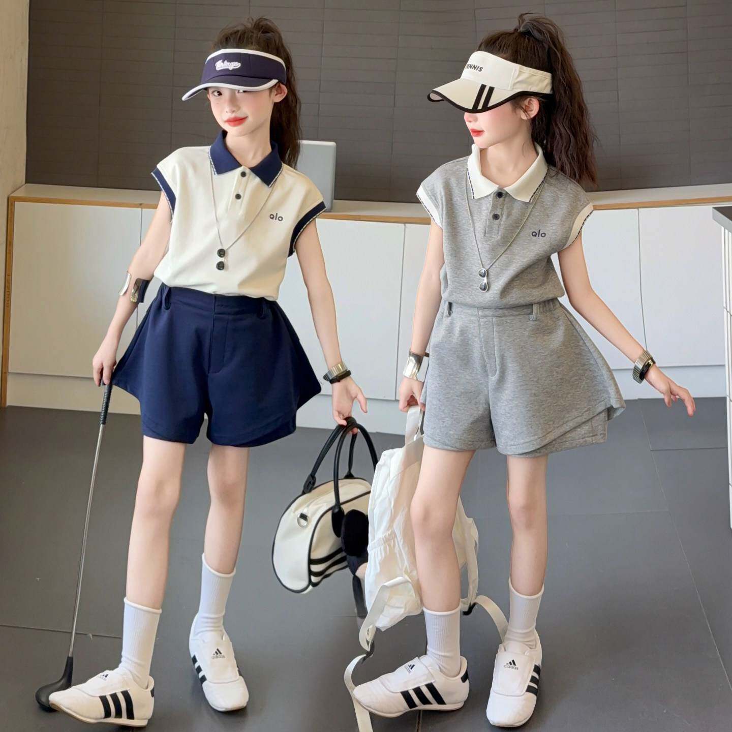 女童韩版炸街运动套装夏季2025新款儿童polo短袖t恤短裤裙两件套9