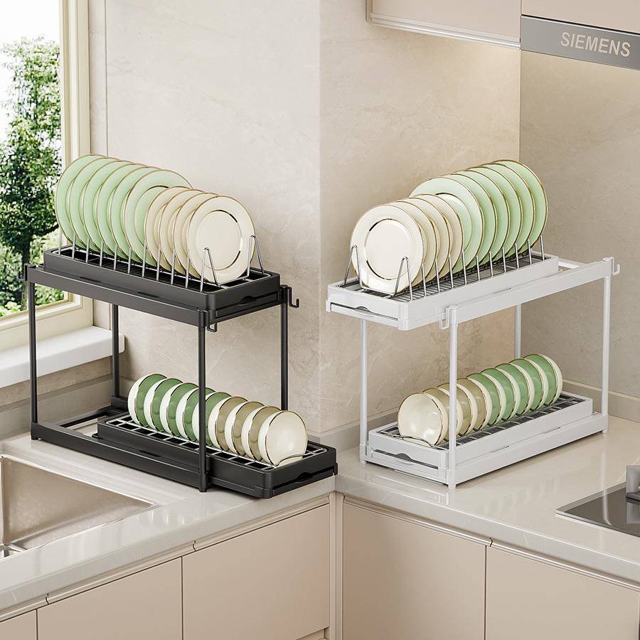 不锈钢碗碟沥水架厨房收纳置物架柜内台面抽拉碗架放碗筷柜碗盘