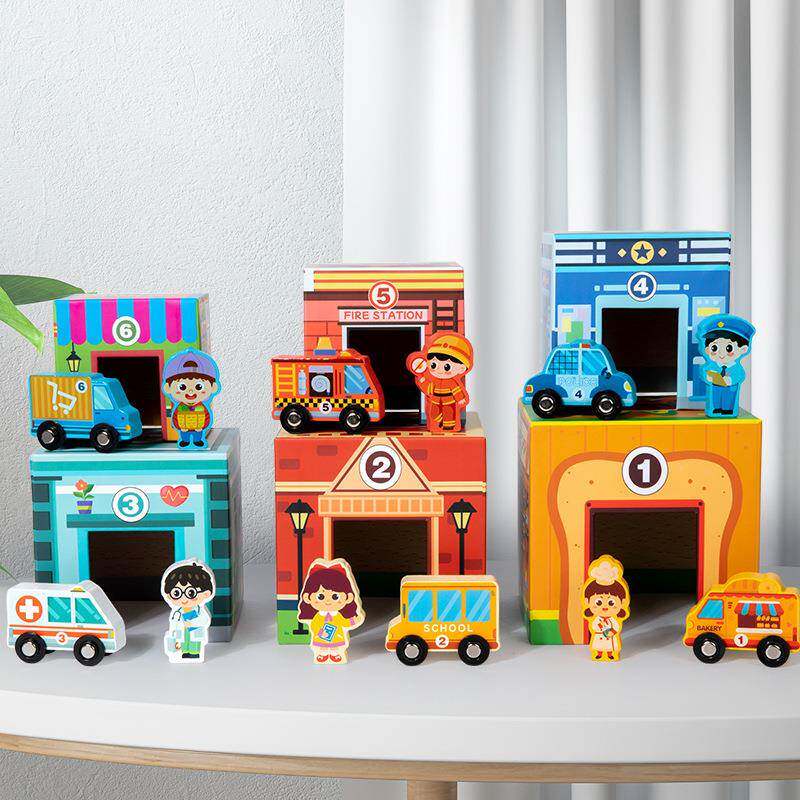 儿童大颗粒积木城市拼装玩具多彩人物组合宝宝六合一交通套装小车