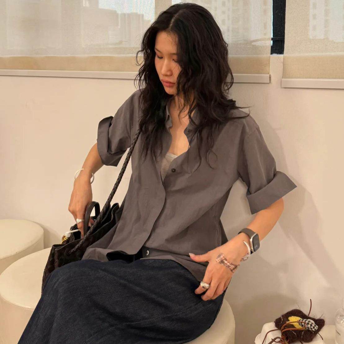 TSS手工卷袖棉质衬衫宽松短袖中性风白色衬衣休闲显瘦薄款女上衣