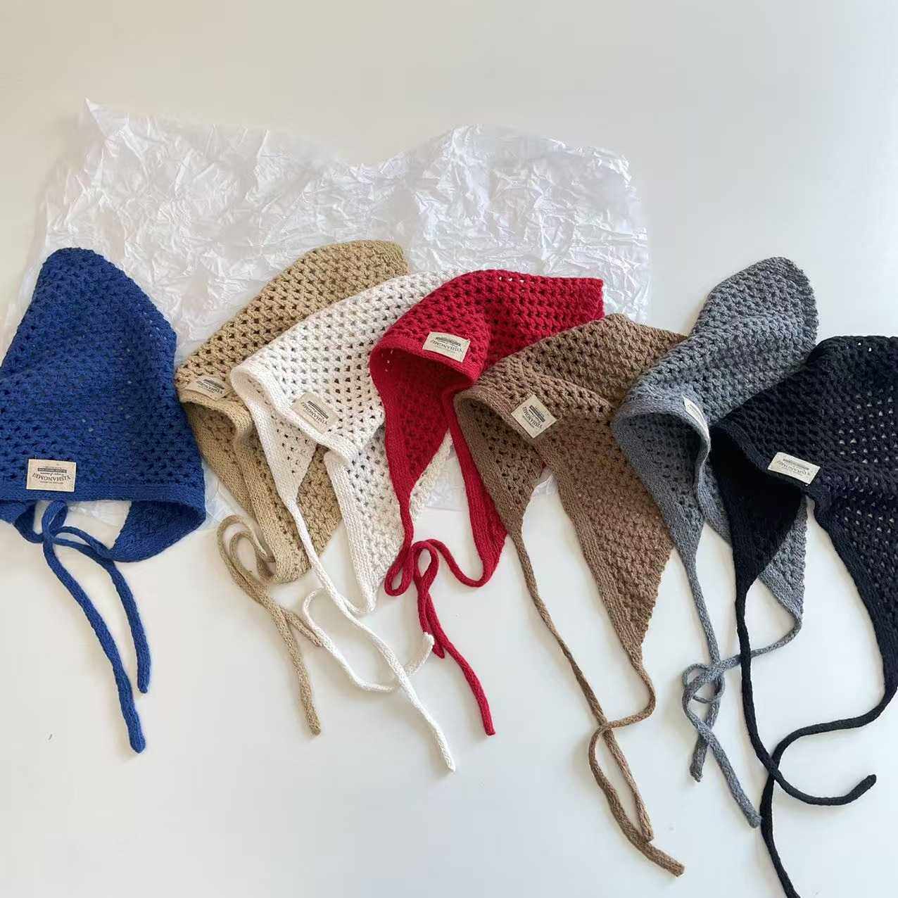 2025时髦氛围感头巾中大小女童宝宝复古针织镂空包头帽韩系三角巾