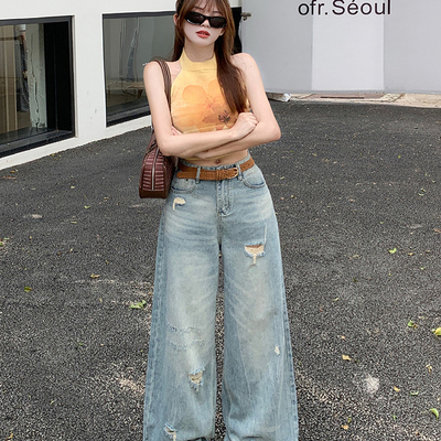 美式复古做旧水洗磨破牛仔裤宽松秋季阔腿直筒裤子