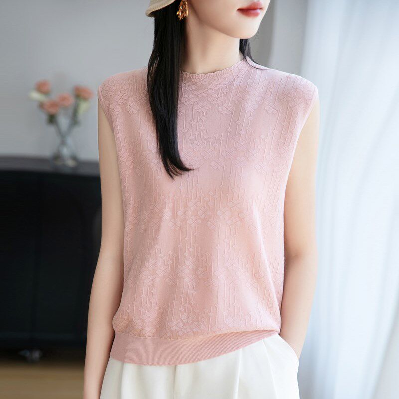 轻奢感半高领提花冰丝吊带背心女内搭宽松时尚蕾丝T恤无袖上衣薄