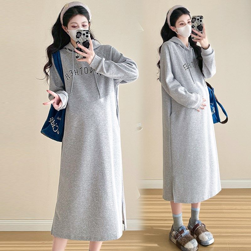 孕妇春装连衣裙中长款过膝卫衣裙宽松大码L孕妇装连帽时尚春秋裙