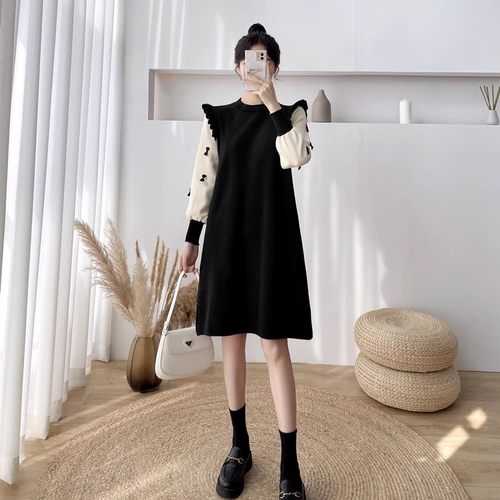 哺乳洋装秋冬外出辣妈款针织假两件毛衣裙宽松显瘦哺乳衣服秋装