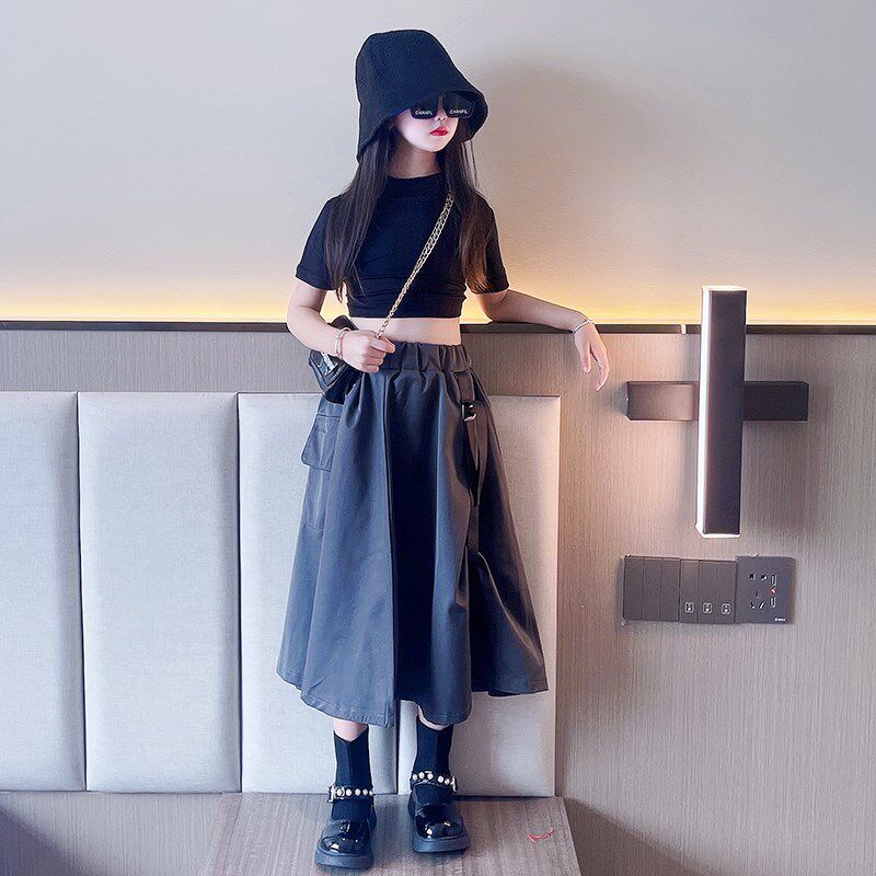 女童半身裙2024夏季新款高腰显瘦暗黑系不规则工装裙中长款A字裙