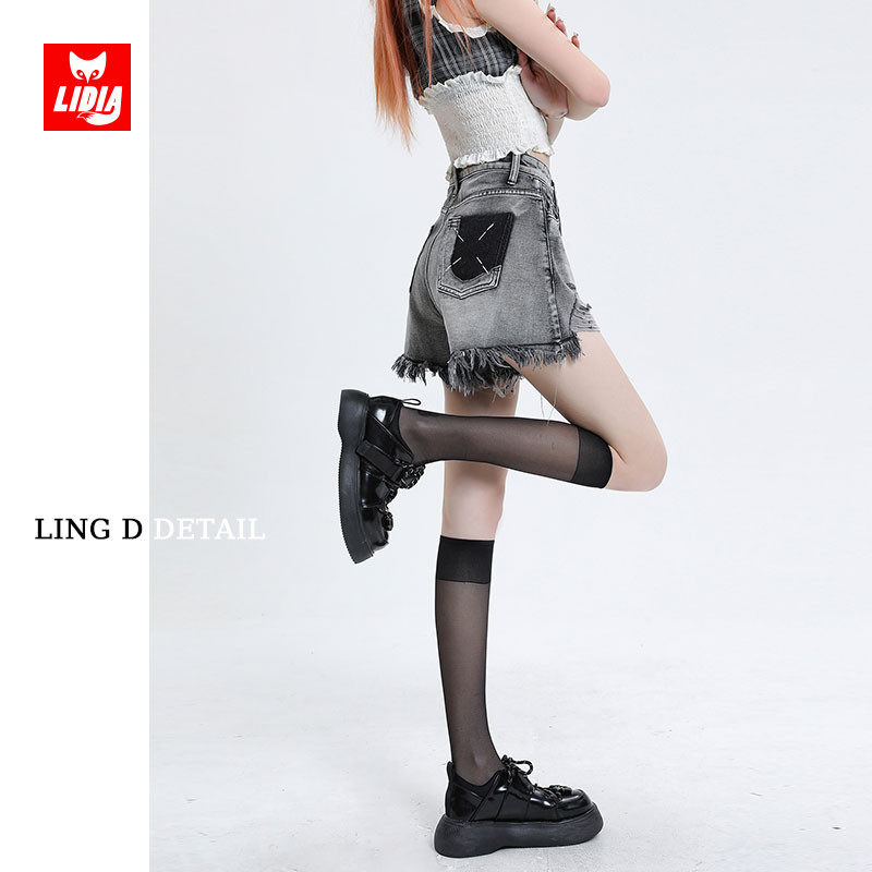 撞色毛边牛仔短裤女2024新款夏薄款宽松显瘦设计感小个子a字热裤